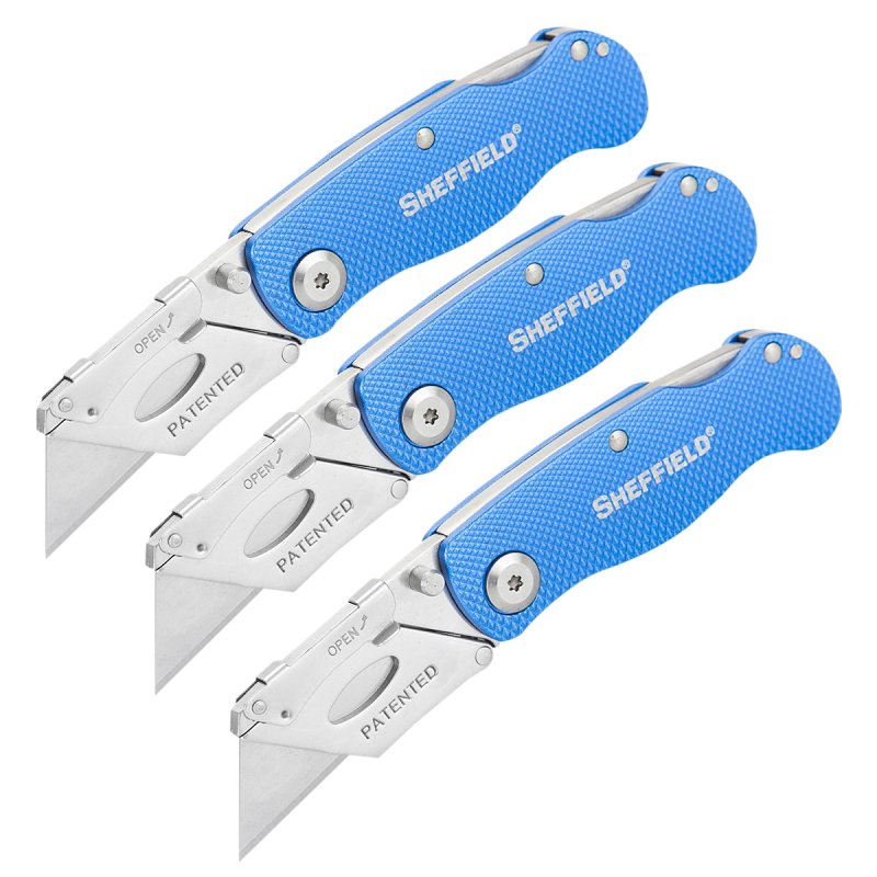 Sheffield 12514 Utility Knife. 3-Blade. Textured Grip Handle. Blue Handle