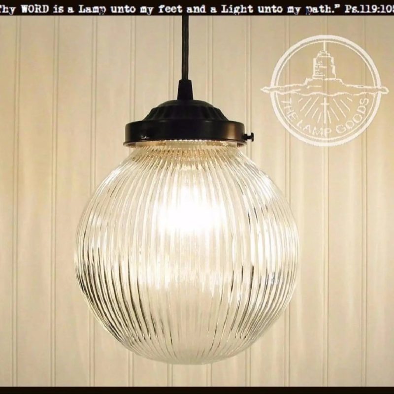 Factory Antique Large Glass Holophane Pendant Light