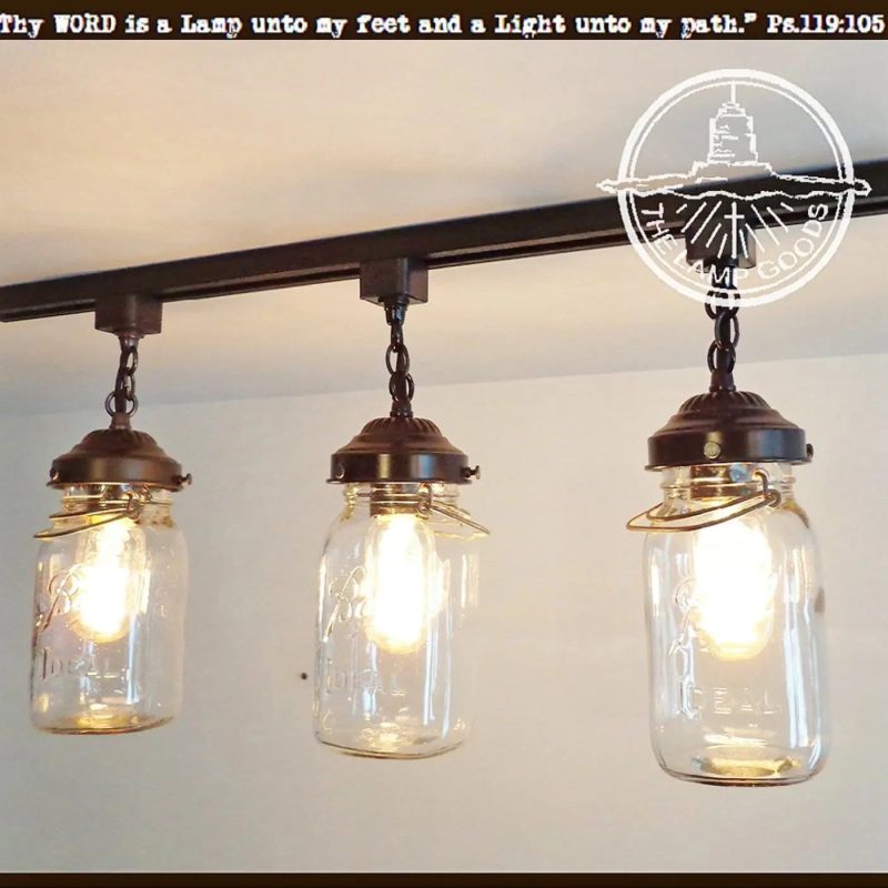 Rustic Mason Jar TRACK LIGHT Chain Trio of Vintage Quarts